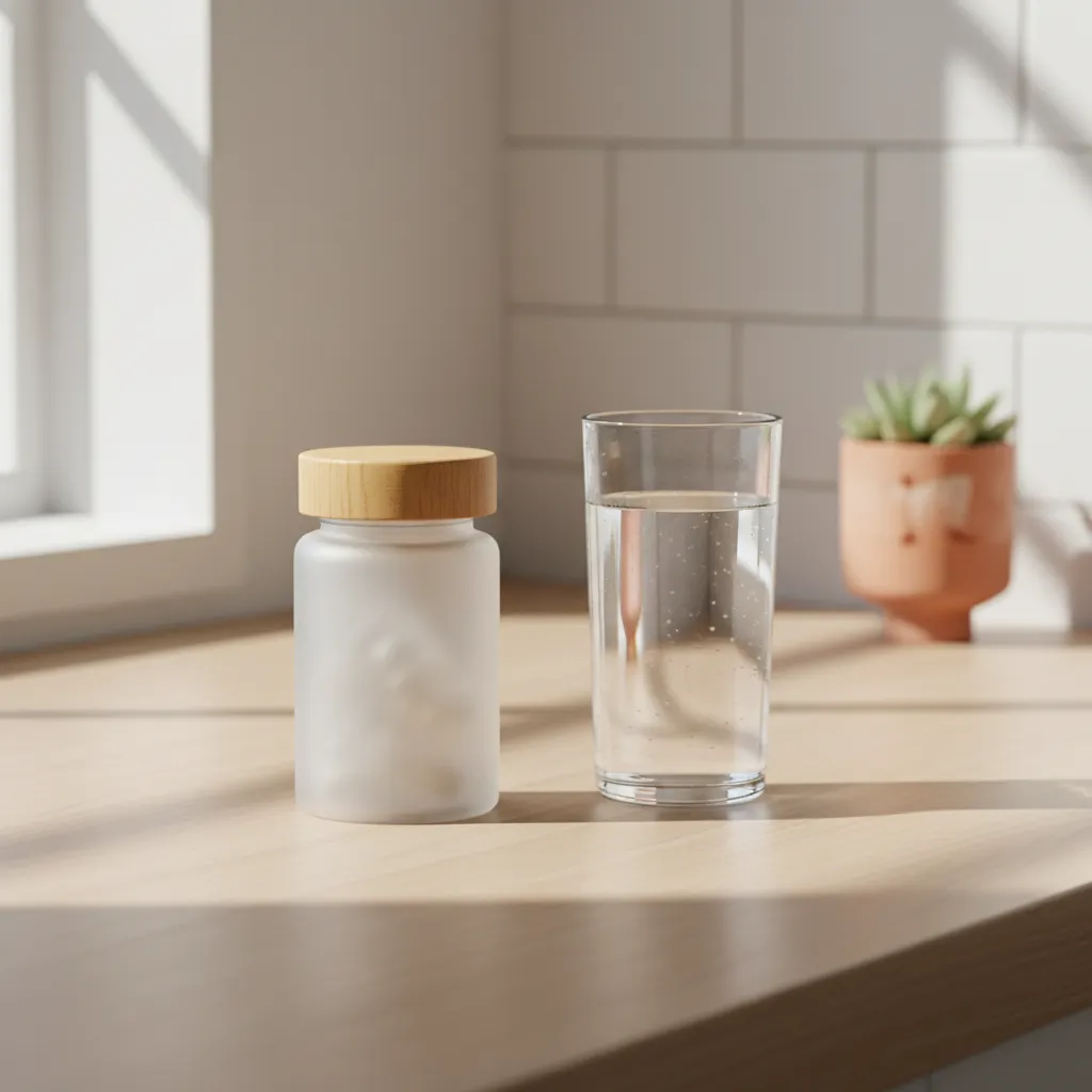 Ennona glazen flesje op een licht houten keukenblad naast een glas water in het ochtendlicht