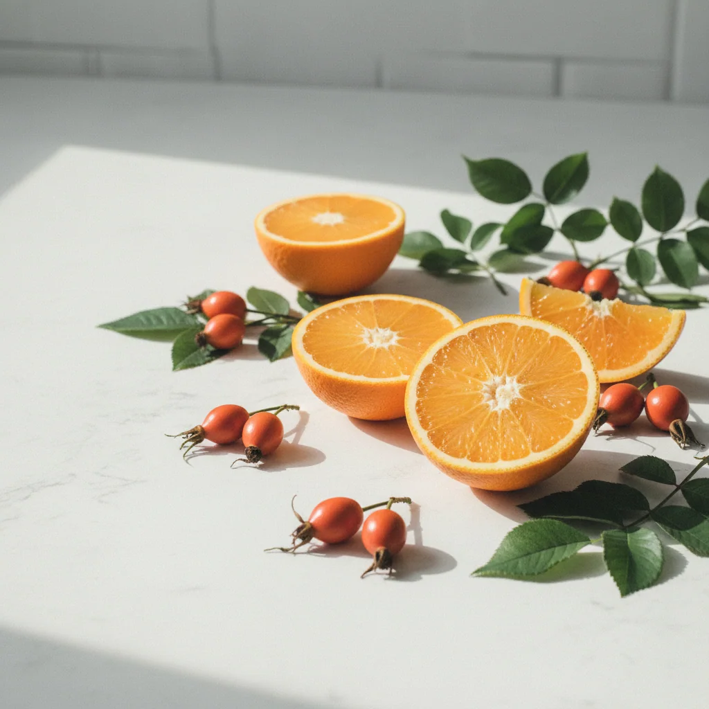 Verse citrusvruchten, rozenbottels en groene bladeren op een lichte stenen ondergrond - de basisingrediënten van vitamine C in Ennona