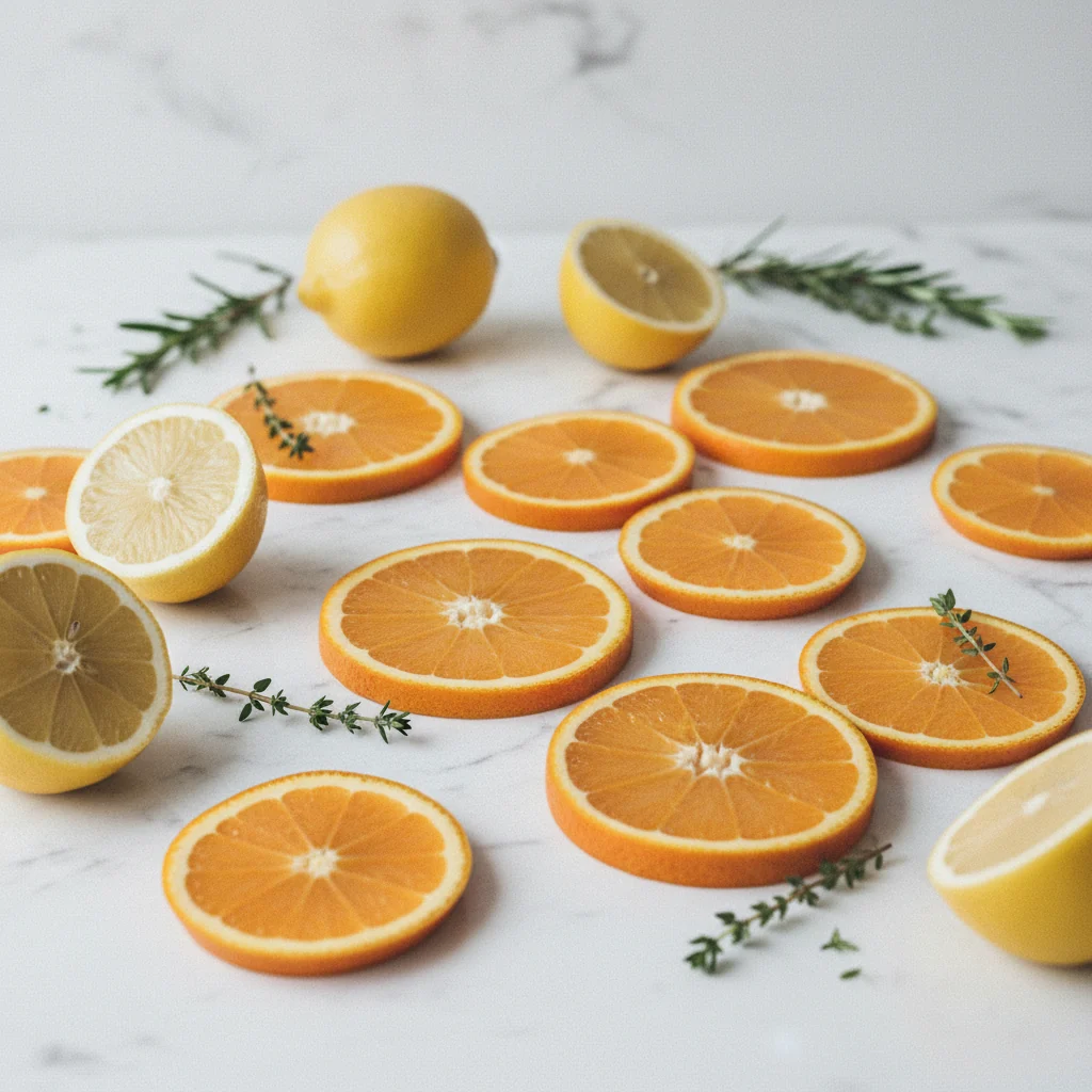 Verse sinaasappels en citroenen op een wit marmeren aanrecht - citrusvruchten als bron van vitamine C