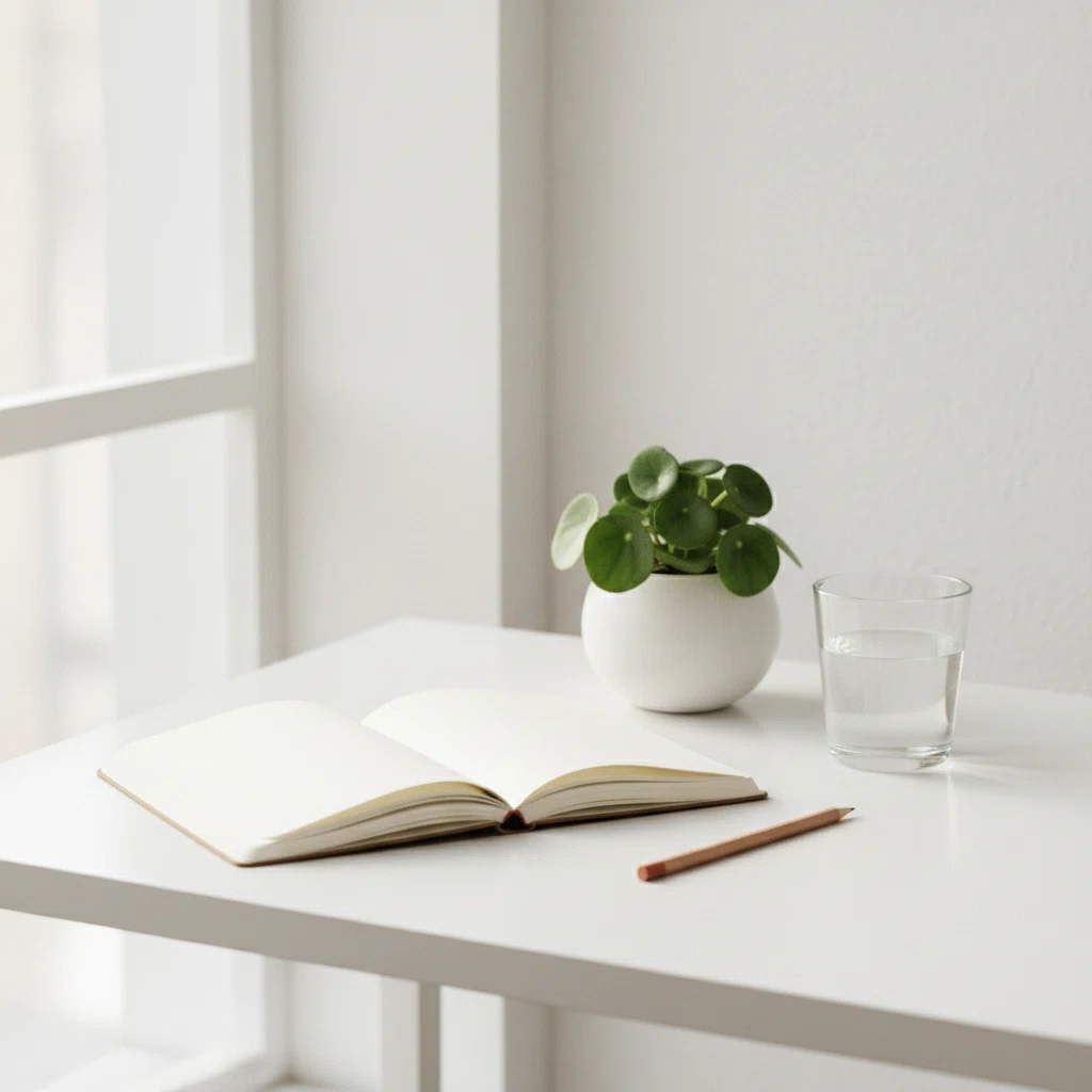 Rustige werkomgeving met een notitieboek, een plant en een glas water op een licht bureau