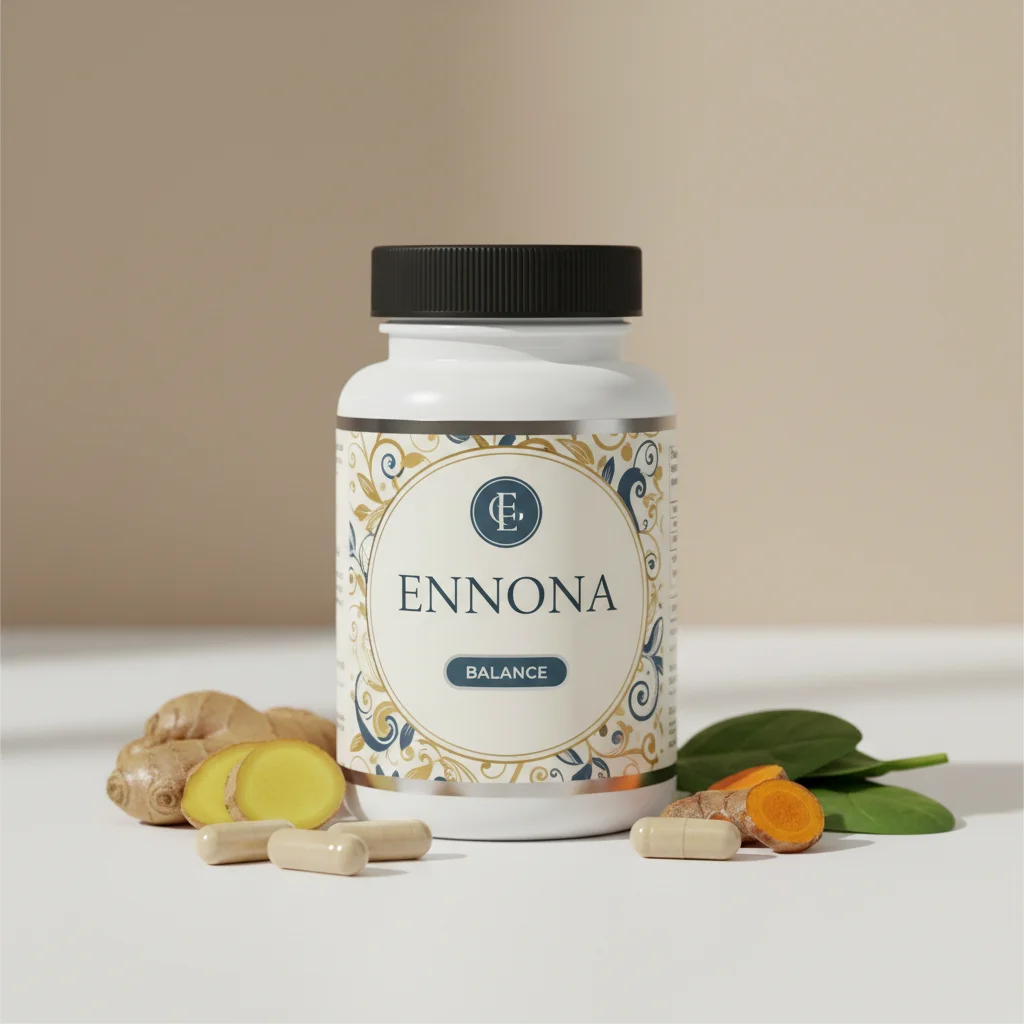 Ennona glazen supplement­flesje met houten dop, mat glas met strakke witte etiketten op een lichte ondergrond